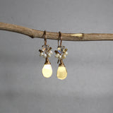 Botanical Glow: Faceted Moonstone & Pearl Earrings with Hand-Crafted Gold Leaves