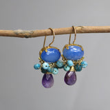 Blue Agate Earrings, Statement Earrings, Multi Color Earrings, Gemstone Earrings, Amazonite Earrings, Amethyst Drop Earrings, Oval Earrings