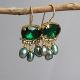 Green Zircon Earrings, Nature Inspired Earrings, Green Jewelry, Pearl Drop Earrings, Statement Earrings, Woodland Wedding Jewelry