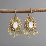 Elegant Statement Earrings, Moonstone Pearl Cherkes Earrings, Citrine Earrings, Bridal Earrings, Wedding Jewelry, Gemstone Wedding Earrings