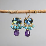Blue Zircon Earrings, Statement Earrings, Multi Color Earrings, Gemstone Earrings, Apatite Earrings, Amethyst Drop Earrings, Oval Earrings