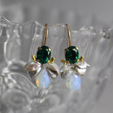 Green Glass Bee Earrings, Dainty Gemstone Earrings, Grey Keshi Pearl Earrings, Opalite Drop Earrings, Unique Cluster Earrings