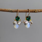 Green Glass Bee Earrings, Dainty Gemstone Earrings, Grey Keshi Pearl Earrings, Opalite Drop Earrings, Unique Cluster Earrings
