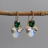 Green Glass Bee Earrings, Dainty Gemstone Earrings, Grey Keshi Pearl Earrings, Opalite Drop Earrings, Unique Cluster Earrings