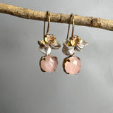 Rose Quartz Drop Earrings, Statement Earrings, Champagne Zircon Earrings, Pearl Cluster Earrings, Boho Earrings, Unique Multi Stone Earrings