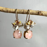 Rose Quartz Drop Earrings, Statement Earrings, Champagne Zircon Earrings, Pearl Cluster Earrings, Boho Earrings, Unique Multi Stone Earrings