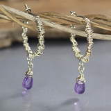 Silver Amethyst Wire Wrapped Hoop Earrings