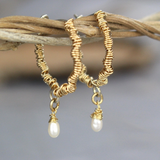 Gold Pearl Wire Wrapped Hoop Earrings