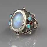 Moonstone and Lab Opal Silver Queen Ring