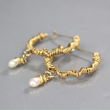Gold Pearl Wire Wrapped Hoop Earrings