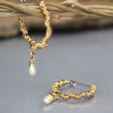 Gold Pearl Wire Wrapped Hoop Earrings