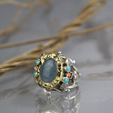 Aquamarine Silver and 9K Gold Queen Ring