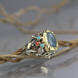 Aquamarine Silver and 9K Gold Queen Ring