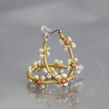 Coral Pearl Flower Hoop Earrings