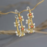 Coral Pearl Flower Hoop Earrings