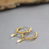 Gold Pearl Wire Wrapped Hoop Earrings