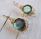 Labradorite  Pearl Flower Earrings in Gold Filled