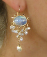 Moonstone Pearl Waterfall Earrings in Gold Filled