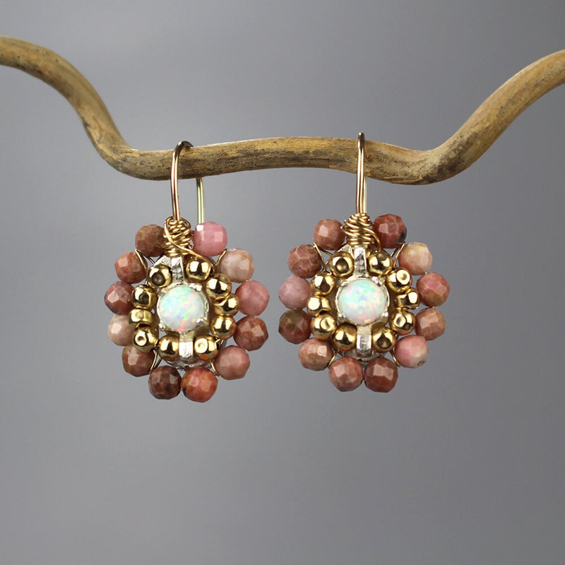 Gemstone Necklace Earrings Set, Round Mandala Earrings, Mandala Pendant Necklace, Rhodonite Earrings, Rhodonite Necklace, Bridal Jewelry Set