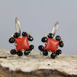 Autumn Jewelry, Red Jasper Earrings, Onyx Earrings, Multi-Stone Earrings, Square Drop Earrings