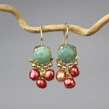 Unique Gemstone Earrings, Amazonite Clover Earrings, Bohemian Earrings, Amazonite Bronze Pearls, Statement Earrings