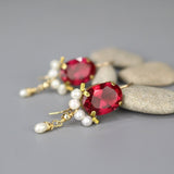 Oval Gemstone Earrings, Fuchsia Earrings, Bohemian Earrings, Pearl Drop Earrings, Pearl Earrings, Bridal Earrings, Bridal Jewelry