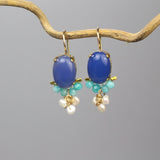 Blue Gemstone Earrings, Oval Earrings, Blue Agate Earrings, Bohemian Earrings, Small Drop Earrings, Pearl Earrings, Bridesmaid Gift