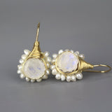 Bridal Wedding Earrings, Moonstone Pearl Flower Earrings, Rainbow Moonstone Jewelry, Unique Wedding Earrings