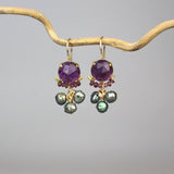Amethyst Clover Earrings, Amethyst Cluster Earrings, February Birthstone Gift, Pearl Drop Earrings, Bridal Earrings, Bridesmaid Earrings