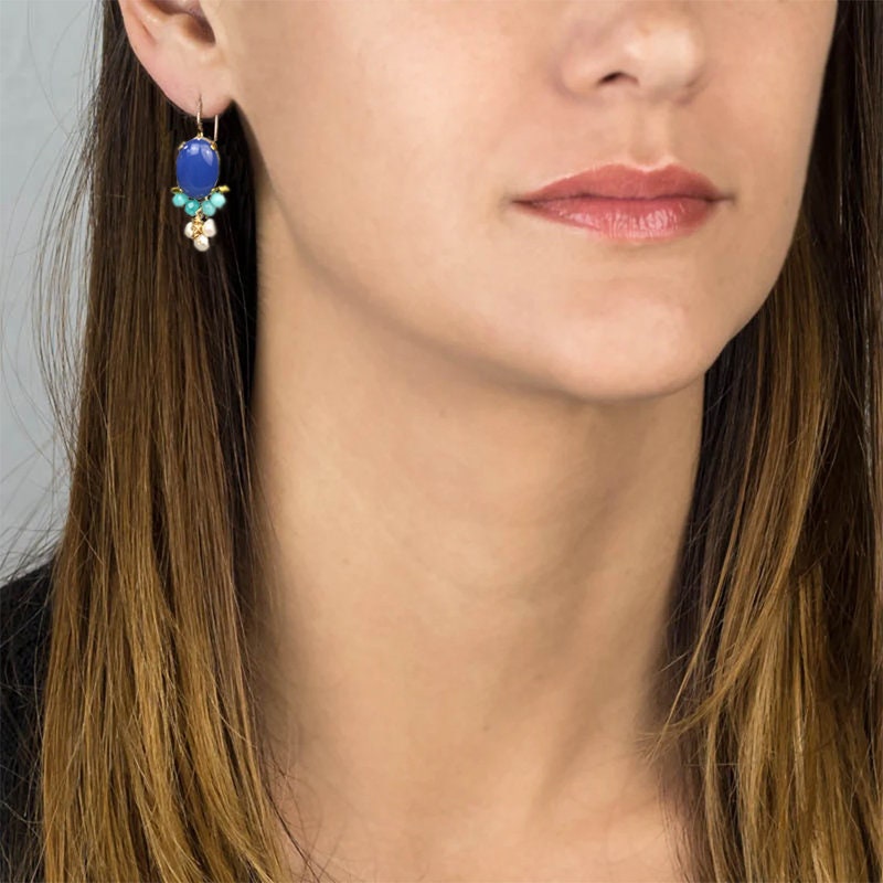 Blue Gemstone Earrings, Oval Earrings, Blue Agate Earrings, Bohemian Earrings, Small Drop Earrings, Pearl Earrings, Bridesmaid Gift
