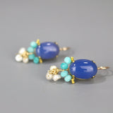 Blue Gemstone Earrings, Oval Earrings, Blue Agate Earrings, Bohemian Earrings, Small Drop Earrings, Pearl Earrings, Bridesmaid Gift