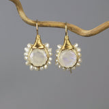 Bridal Wedding Earrings, Moonstone Pearl Flower Earrings, Rainbow Moonstone Jewelry, Unique Wedding Earrings