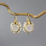 Bridal Wedding Earrings, Moonstone Pearl Flower Earrings, Rainbow Moonstone Jewelry, Unique Wedding Earrings