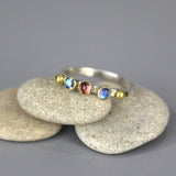 Moonstone Garnet Triple Gemstone Ring, Multi Stone Ring, Silver Stacking Ring, Moonstone Wedding Band, Slim Stackable Ring, Bohemian Ring