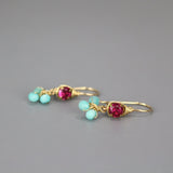 Small Pink Zircon Amazonite Cluster Drop Earrings