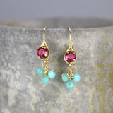 Small Pink Zircon Amazonite Cluster Drop Earrings