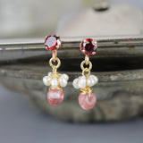 Small Gemstone Spring Stud Earrings - Red Zircon Pearls Cherry Quartz
