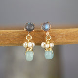 Labradorite Stud Earrings, Dangle Stud Earrings, Boho Studs, Amazonite Pearl Earrings, Post Earrings, Labradorite Jewelry, Bohemian Earrings