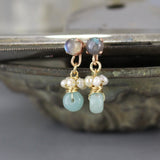 Labradorite Stud Earrings, Dangle Stud Earrings, Boho Studs, Amazonite Pearl Earrings, Post Earrings, Labradorite Jewelry, Bohemian Earrings