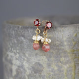 Small Gemstone Spring Stud Earrings - Red Zircon Pearls Cherry Quartz