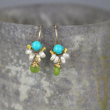 Turquoise Earrings, Dainty Earrings, Small Drop Earrings, Pearl Cluster Earrings, Colorful Gemstone Earrings, Bohemian Bridesmaid Earrings