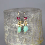 Small Multi Stone Earrings, Peruvian Opal Drop Earrings, Fuchsia CZ Earrings, Gemstone Stud Earrings, Dangle Post Earrings, Pearl Earrings