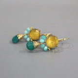 Unique Citrine Earrings, Summer Earrings, Bohemian Jewelry, Yellow Blue Earrings, Amazonite Earrings, Cluster Earrings, Small Drop Earrings