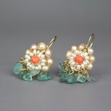 Coral Apatite and Pearls Cherkes Handmade Earrings, Mother of the Bride Earrings, Bridal Earrings, Gemstone Cluster Earrings