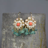 Coral Apatite and Pearls Cherkes Handmade Earrings, Mother of the Bride Earrings, Bridal Earrings, Gemstone Cluster Earrings