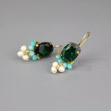 Green Glass Earrings, Multi Color Earrings, Gemstone Earrings, Amazonite Earrings, Pearl Cluster Earrings, Oval Earrings, Bohemian Earrings