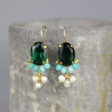 Green Glass Earrings, Multi Color Earrings, Gemstone Earrings, Amazonite Earrings, Pearl Cluster Earrings, Oval Earrings, Bohemian Earrings