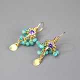 Purple Cubic Zirconia Earrings, Amazonite Cluster Earrings, Bohemian Wedding Earrings, Leaf Dangle Earrings, Colorful Earrings, Boho Chic