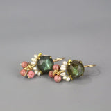 Cluster Earrings, Labradorite Earrings, Pearl Earrings, Rhodonite Earrings, Bohemian Jewelry, Boho Earrings, Gemstone Earrings, Unique