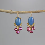Oval Blue Lace Agate Earrings, Pink Pearl Earrings, Bridesmaid Gift, Gemstone Cluster Earrings, Artisan Handcrafted Jewelry, Dangle Earrings
